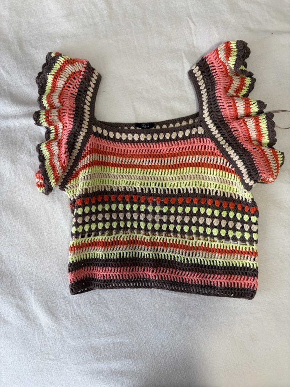 Rails Crochet Ruffle-Sleeve Crop Top in Coral, Lime & Brown